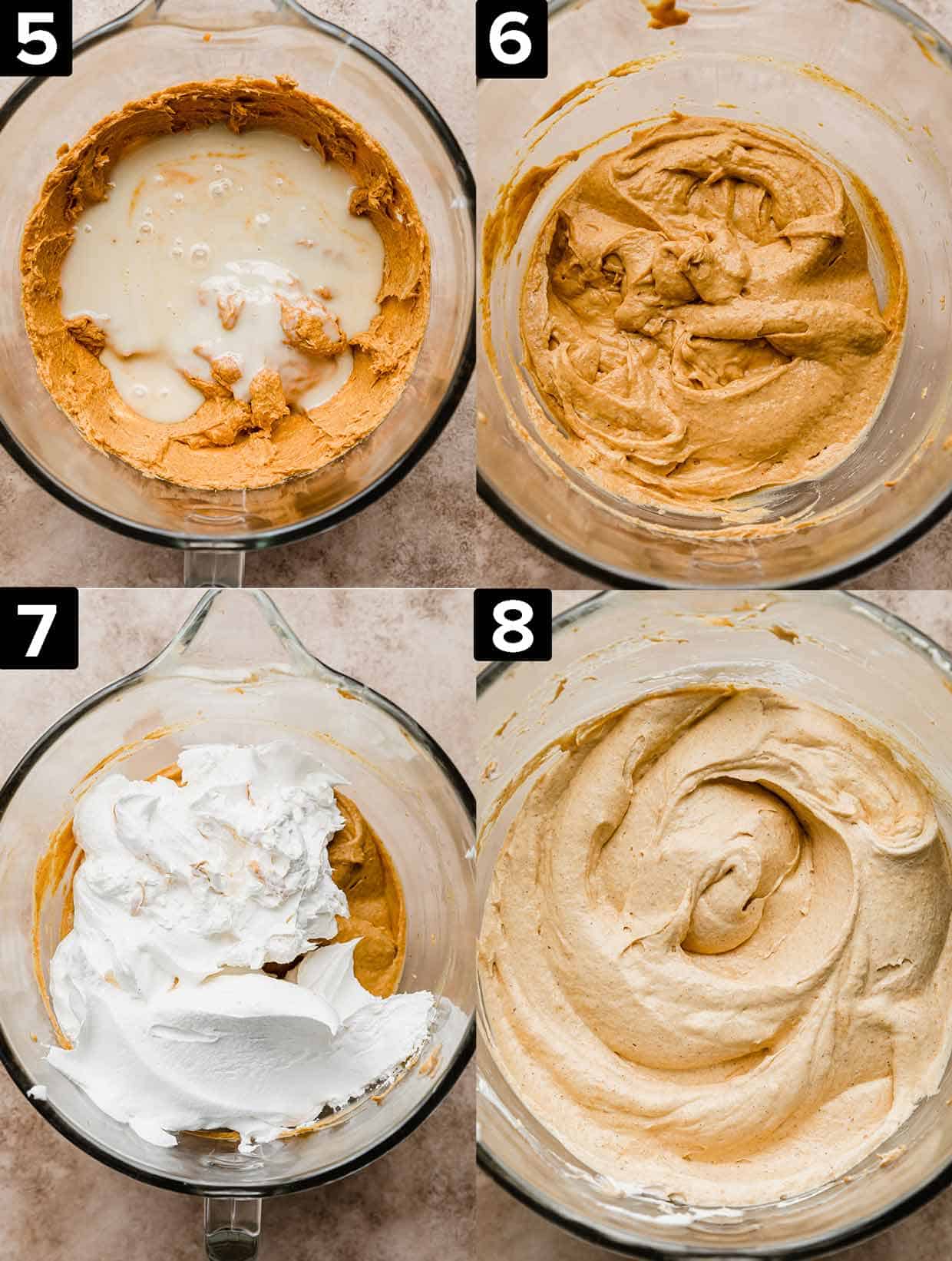 Four images showing the making of no-bake pumpkin cheesecake filling in a glass mixing bowl.