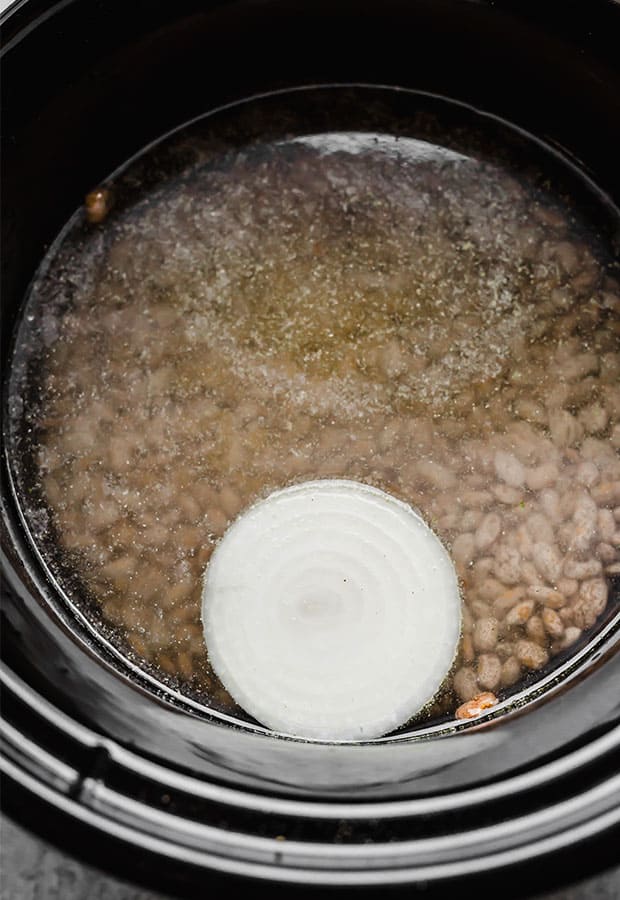 A black slow cooker full of pinto beans, water, some seasonings, and half of an onion.