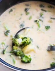 A large pot full of broccoli potato soup.