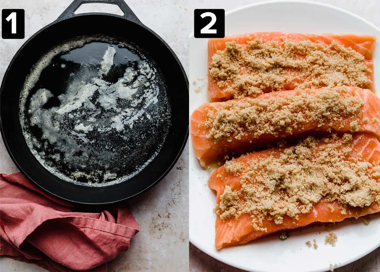 Two photos, left photo is a black cast iron pan with melted butter in it, right photo is raw salmon filets with brown sugar overtop of them.