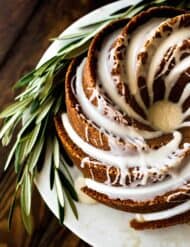 Top view of a gingerbread bundt cake with maple glaze.