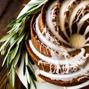 Top view of a gingerbread bundt cake with maple glaze.