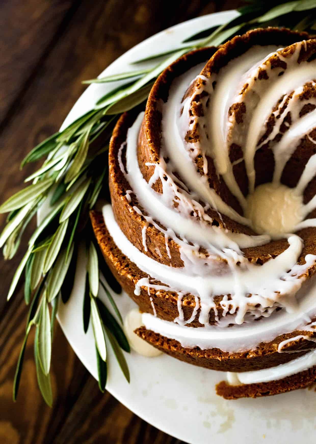 Top view of a gingerbread bundt cake with maple glaze. 