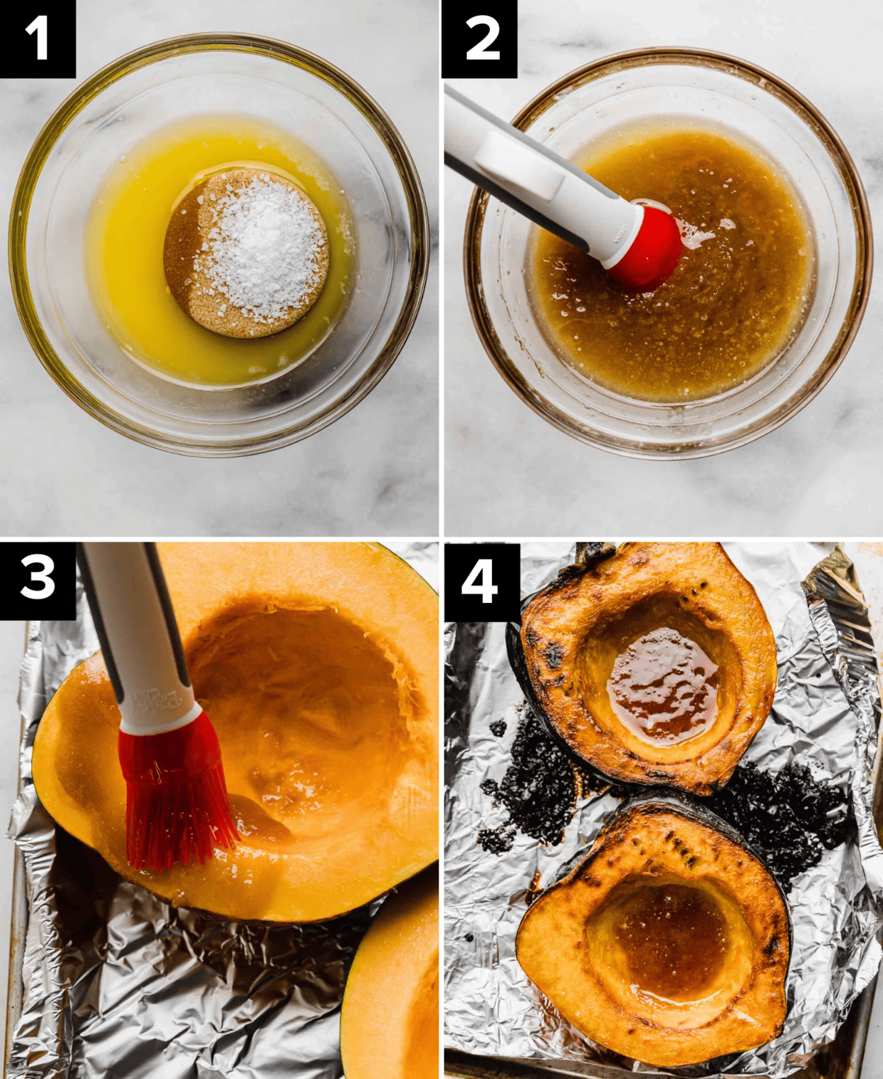 Four photos showing the process of how to make the best brown sugar roasted acorn squash recipe, top left image is butter, brown sugar and salt in a glass bowl, top right image shows the brown sugar butter mixture being mixed, bottom left photo is a pastry brush spreading the brown sugar mixture over acorn squash flesh, bottom right image is final photo of roasted acorn squash on a baking sheet.
