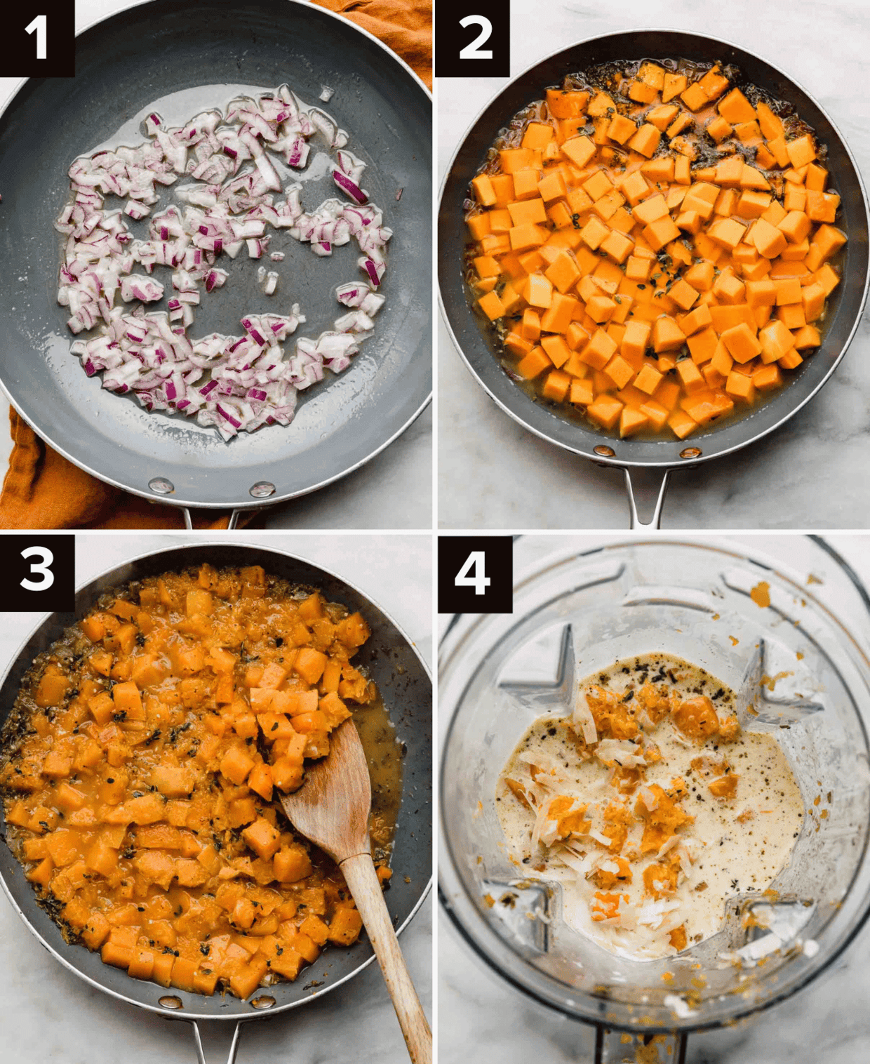Four photos showing how to make Butternut Squash Alfredo recipe.