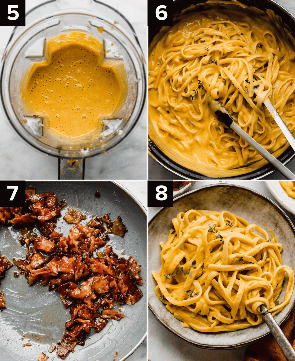 Four images showing how to make Alfredo butternut squash, top left image is creamy orange butternut squash sauce in a blender, top right is fettuccine noodles mixed in butternut squash sauce, both left is maple glazed bacon, bottom right photo is Butternut Squash Alfredo in a gray bowl.