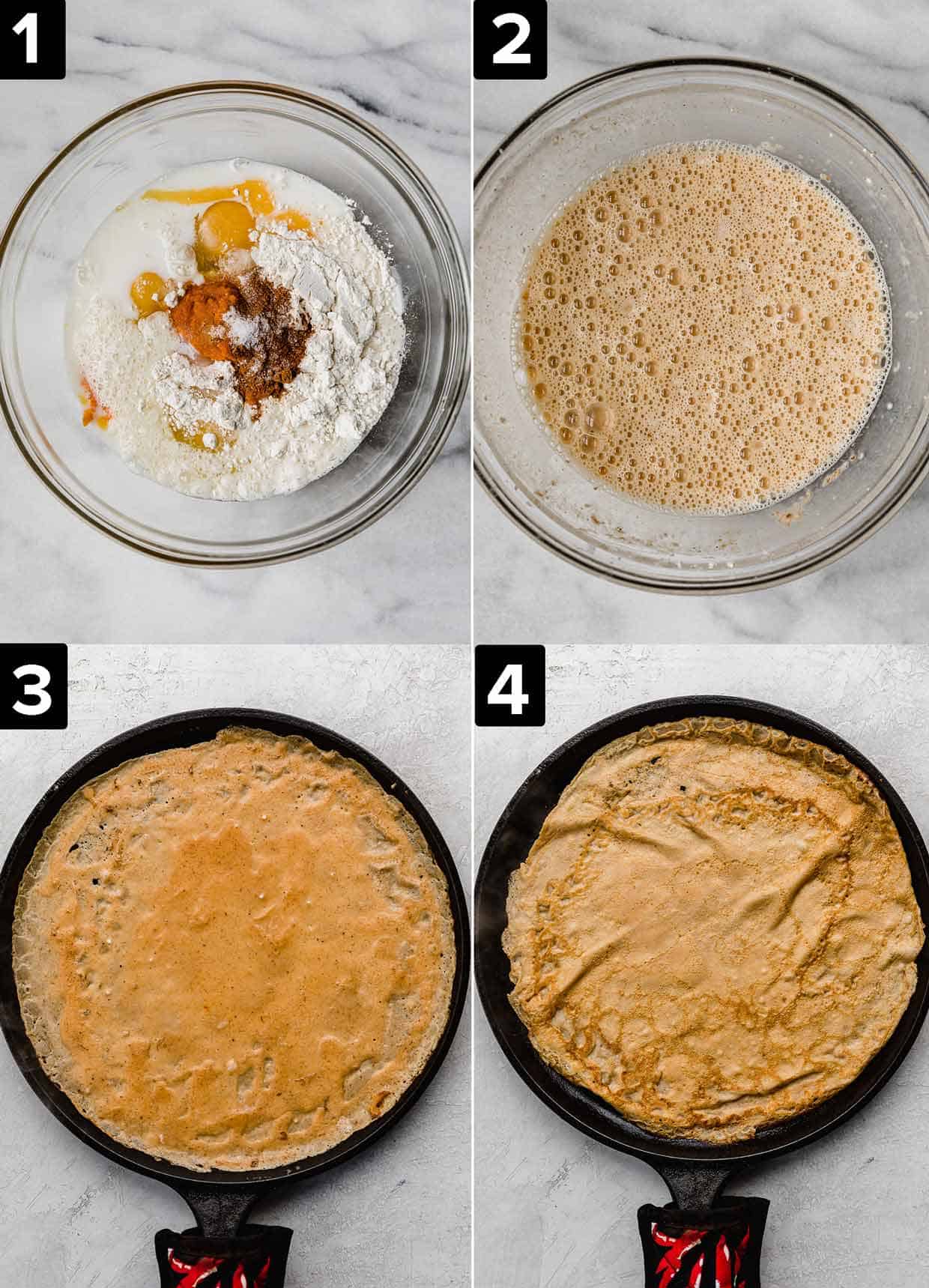 Four photos showing how to make pumpkin crepes, photos from top left to bottom right: ingredients in glass bowl, pumpkin crepe batter in glass bowl, pumpkin crepe on black skillet, golden cooked crepe on skillet.