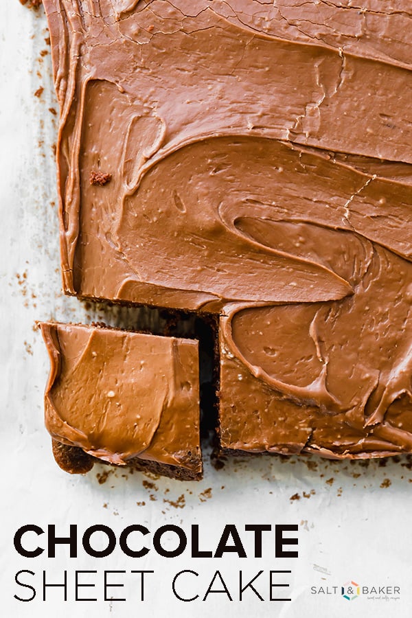 THE Chocolate Sheet Cake of all chocolate sheet cakes. This chocolate cake recipe delivers a moist and delicate cake, with a thick and smooth frosting. #saltandbaker #chocolate #chocolatecake #sheetcake #chocolatecakerecipe