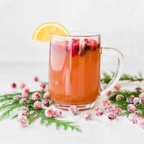 Cranberry Apple Cider with sugared cranberries at the base of the mug.