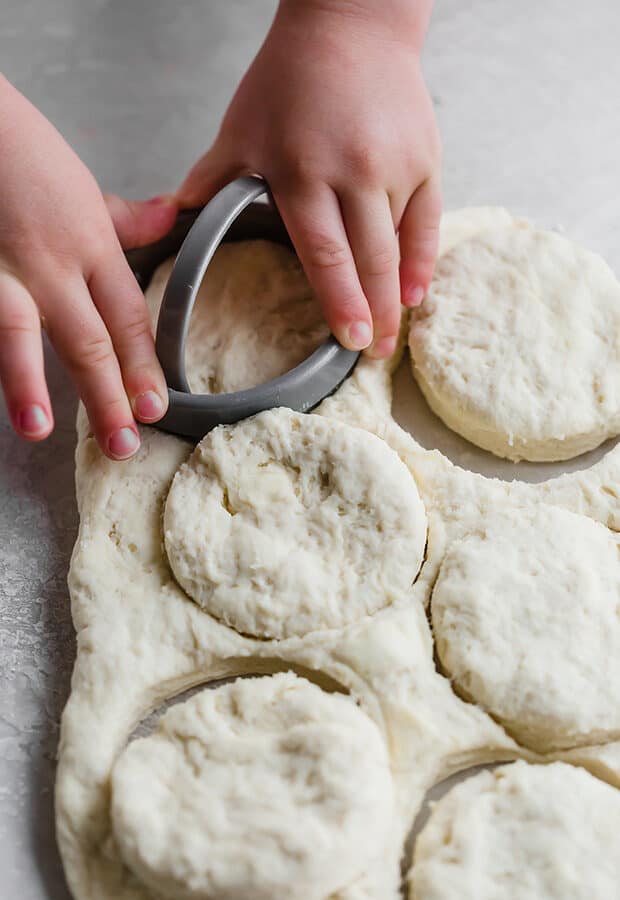 Toddler hands pressing a biscuit cutter into biscuit dough.