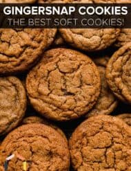 A photo of gingersnaps with the words, "gingersnap cookies the best soft cookies" written in white text over the photo.