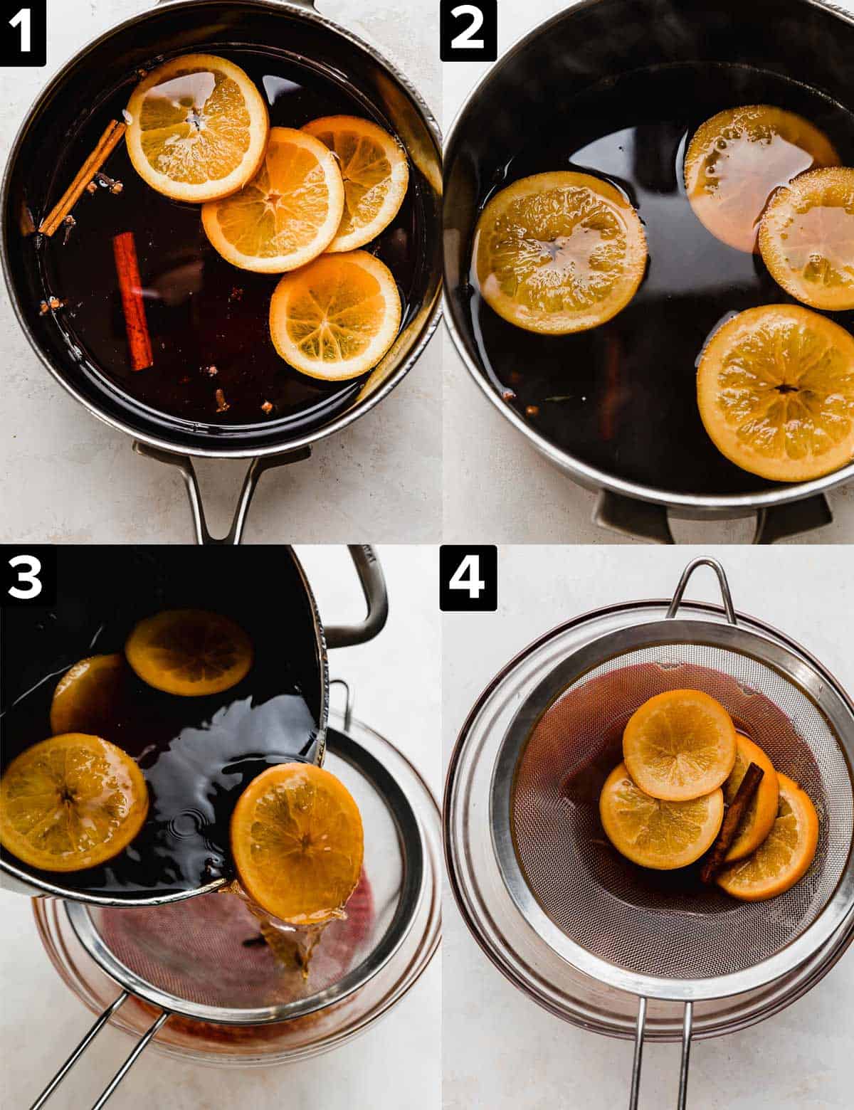 Four photo collage showing the process of how to make Cranberry Apple Cider; ingredients are added to a pot, simmered, then strained through a sieve into a bowl.
