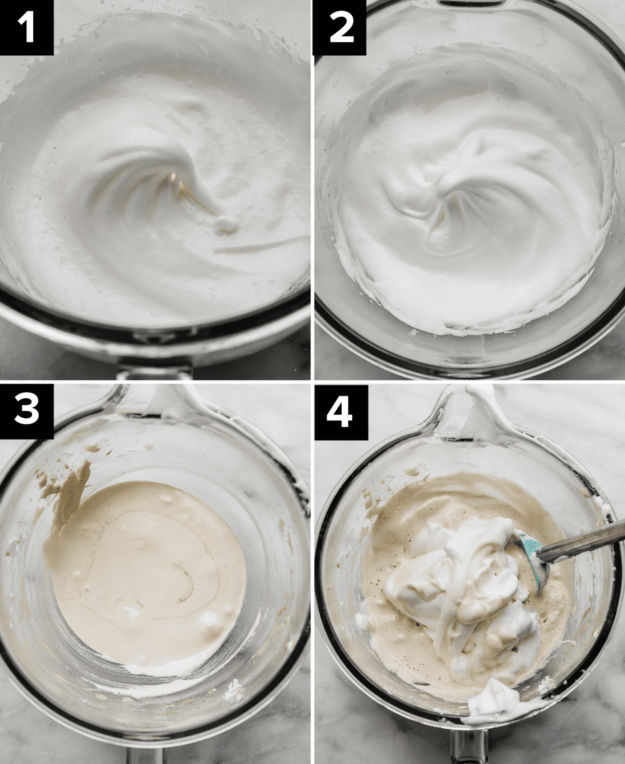 Four images each with a glass stand mixer with whipped egg whites then continuation of wet ingredients added to the bowl in each photo.