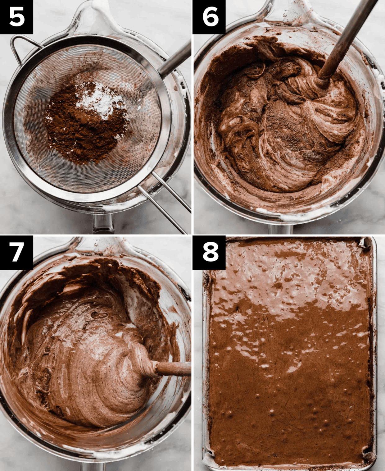 Ice Cream Cake Roll chocolate batter in a glass bowl with spatula stirring the batter, then bottom right image is batter in a rectangle baking sheet.