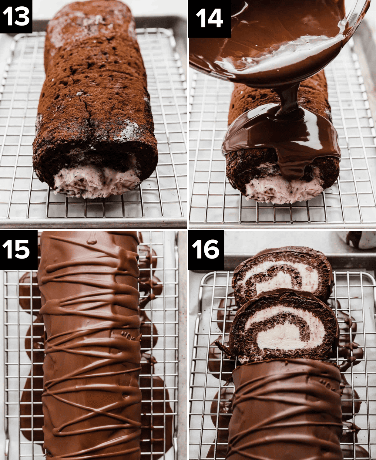 Chocolate Ice Cream Cake Roll with magic shell poured over the top.