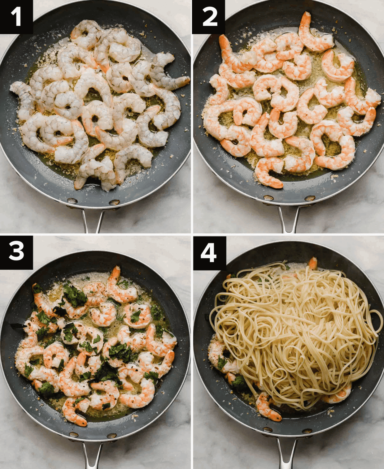 Four photos showing how to make Shrimp Scampi with Linguine, top left is skillet with raw shrimp in it, top right image is pink cooked shrimp in a skillet, bottom left photo is cooked shrimp topped with fresh parsley, bottom right image is linguine noodles overtop shrimp that's in a skillet.