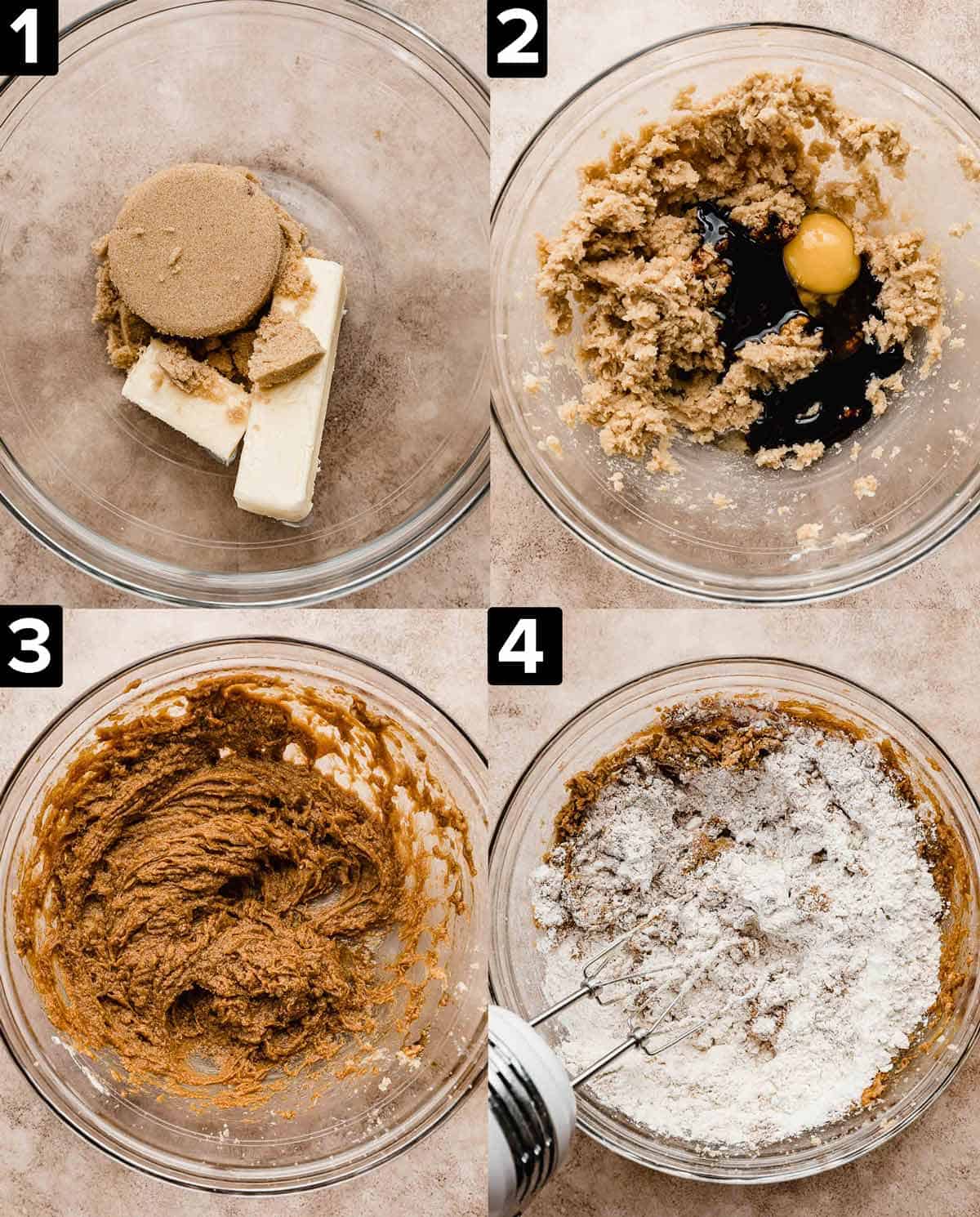 Four images showing the making of gingersnap cookie dough.