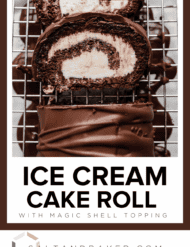 Ice Cream Cake Roll on a wire rack with the words, "Ice Cream Cake Roll" written in black font below the image.