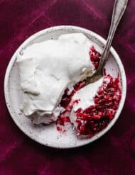 A slice of whipped topping covered Christmas Pomegranate Jell-O on a plum colored background.