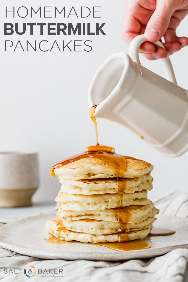 The BEST homemade buttermilk pancakes! These buttermilk pancakes are light, ultra fluffy, and full of the most amazing buttery flavor! Everyone who makes these pancakes, LOVES them! Go to saltandbaker.com for full details on how to make these perfect buttermilk pancakes from scratch! #saltandbaker #pancakes #homemadepancakes #buttermilkpancakes #pancakesfromscratch