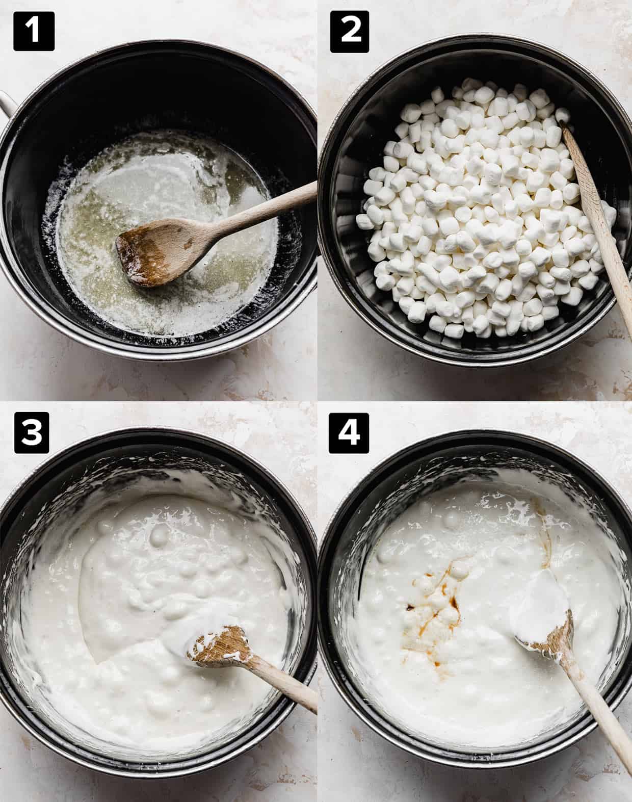 A four photo collage of a black pot melted butter, adding mini marshmallows, then stirring until they are melted.