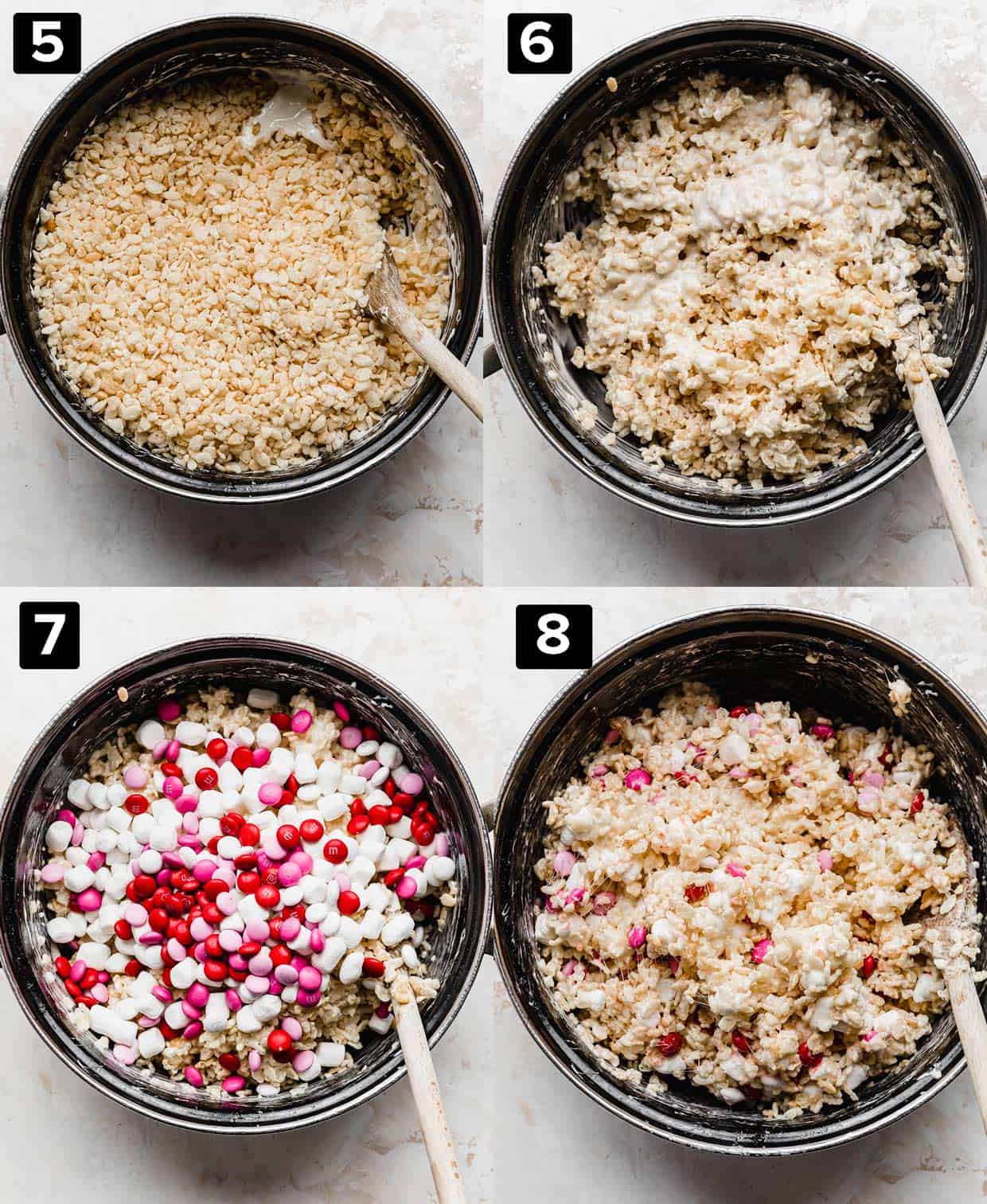 A four photo collage of Valentine Rice Krispie Treats with M&M's being made in a black pot.