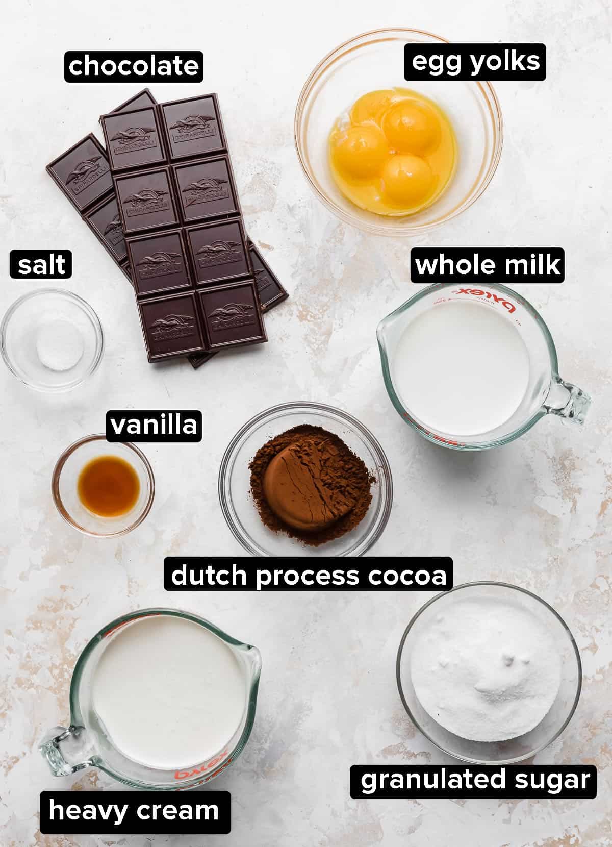 Homemade Chocolate Ice Cream ingredients portioned into glass bowls on a white textured background.