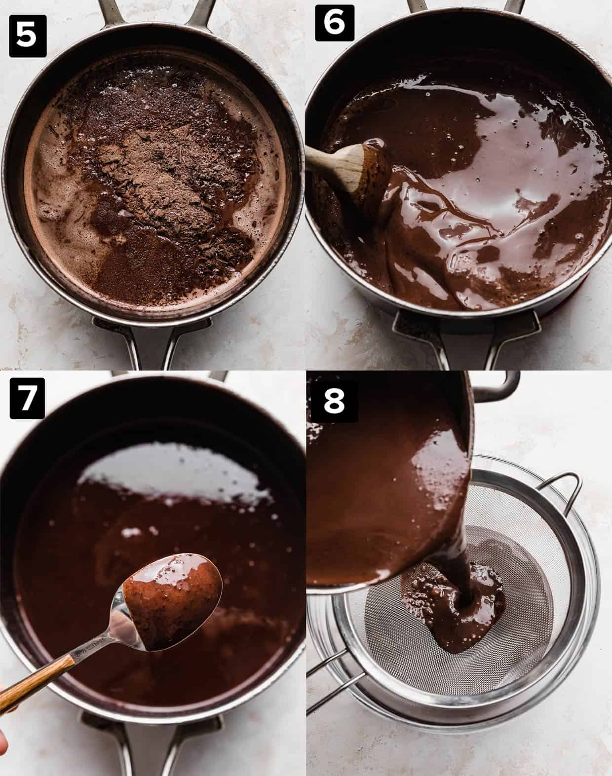 Four photos demonstrating how to make a rich and deep chocolate flavored ice cream.