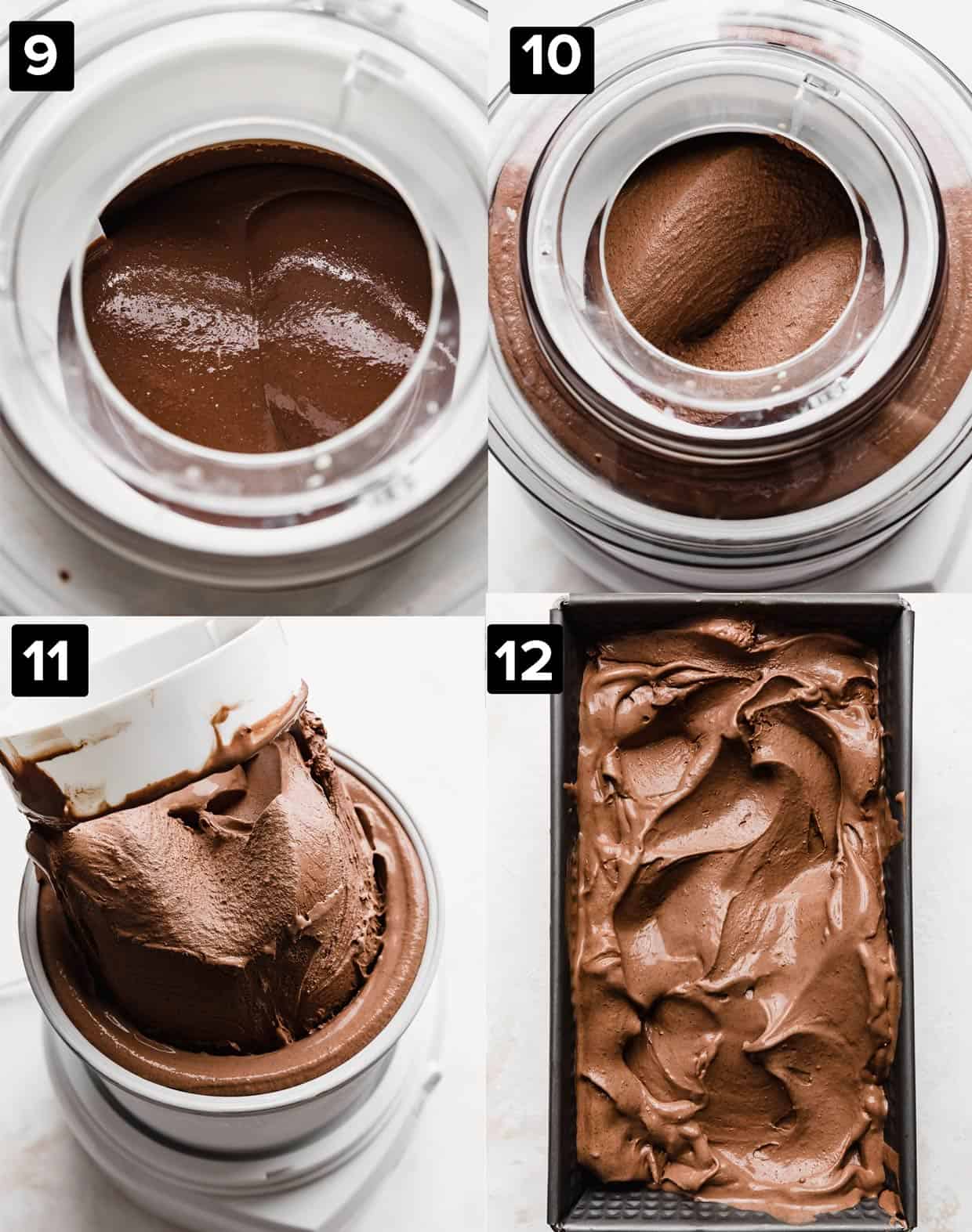 Four images showing how to make a creamy chocolate ice cream that is custard based, with an ice cream maker. 
