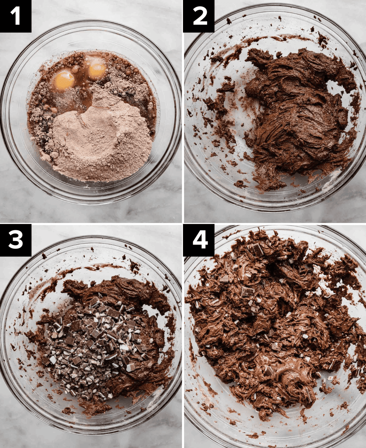 Four images showing how to make Devil's Food Cake Mix Cookies with andes mint mix-ins.