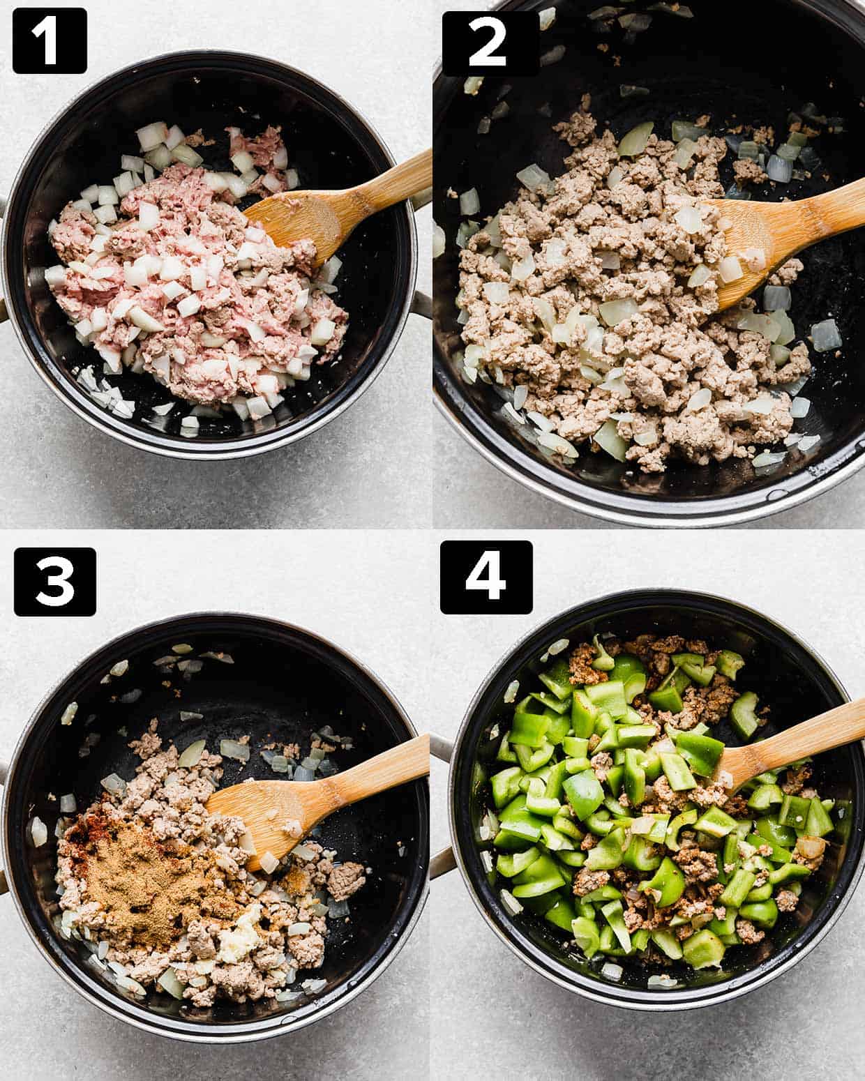 A four photo collage illustrating the process of making Deconstructed Stuffed Peppers.