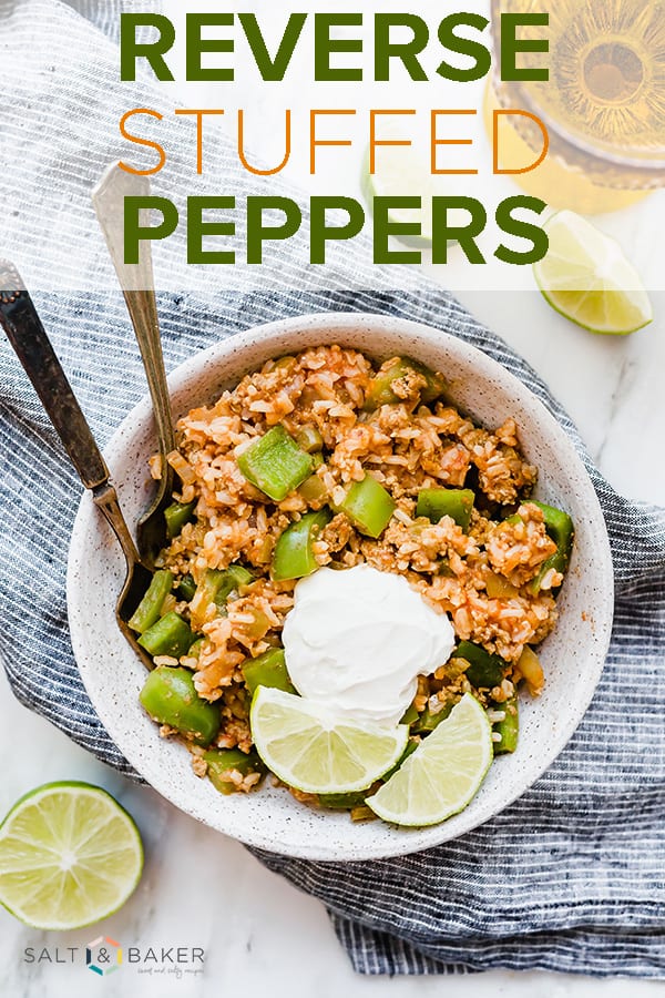 A stuffed pepper recipe, but inside out! This reverse stuffed peppers with brown rice bowl is healthy and easy to make! #saltandbaker #brownrice #stuffedpeppers #dinnerrecipes
