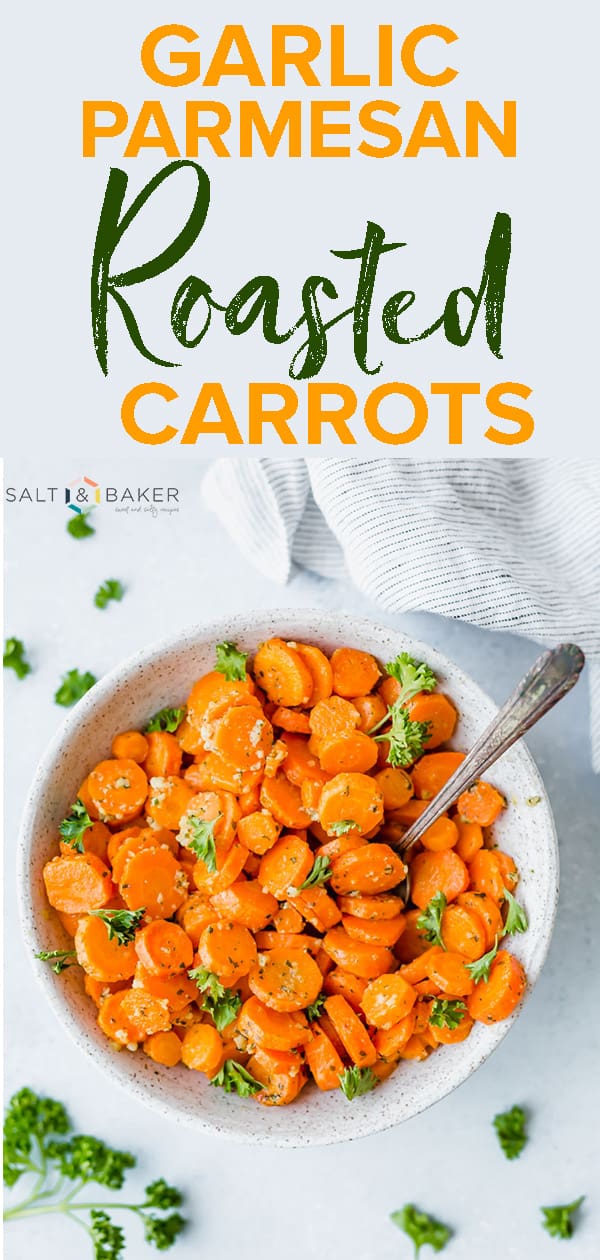 These Garlic Parmesan Roasted Carrots are the perfect side to any meal! The buttery, parmesan, and garlic flavor make these carrots melt in your mouth! It's an easy recipe that anyone can conquer. Get the full recipe on saltandbaker.com #saltandbaker #carrots #roastedveggies #roastedvegetables #roastedcarrots #carrots #freshproduce #inseasonnow