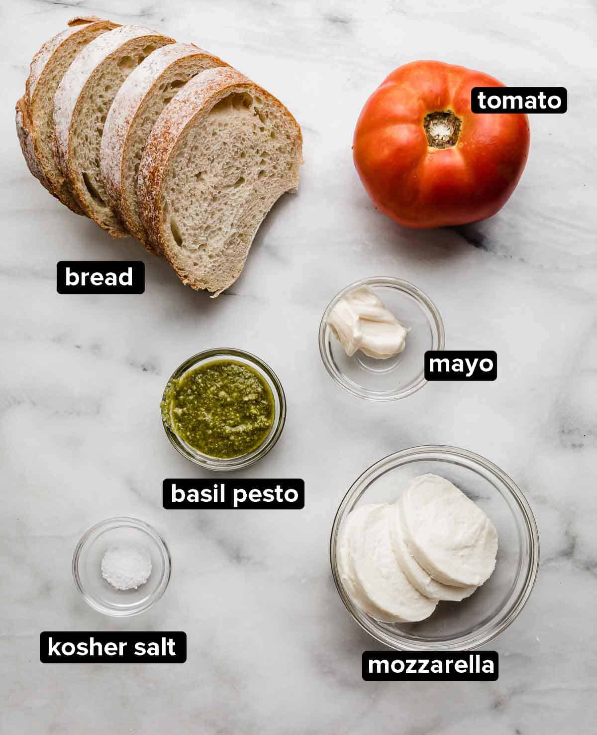 Pesto panini ingredients on a marble background, French bread, basil pesto, tomato, mayo, mozzarella, and salt.