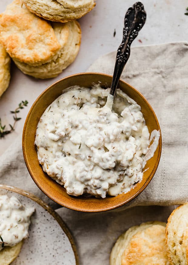 A bowl full of Homemade Sausage Gravy.