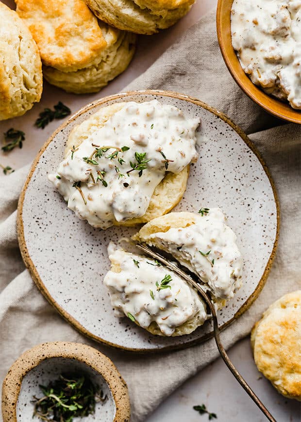 Biscuits topped with sausage gravy.