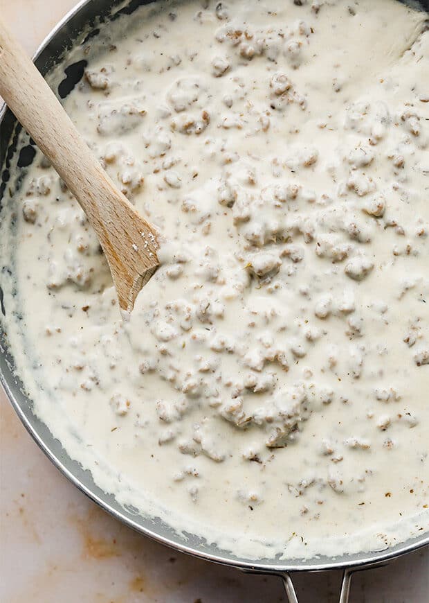 A pan full of homemade sausage gravy.