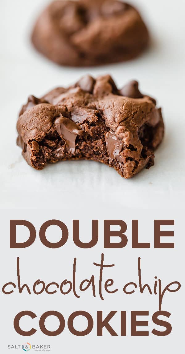 The Best Double Chocolate Chip Cookies! Thick, chewy, and full of melty chocolate chips, these cookies are a chocolate lovers dream! Get the full recipe at saltandbaker.com #saltandbaker #chocolatechipcookie #doublechocolate #chocolatelovers #cookierecipes