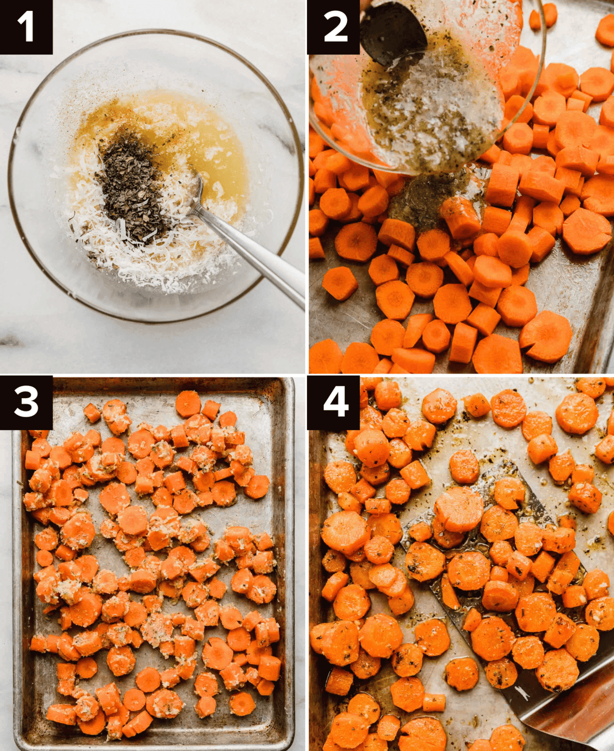 Four images showing how to make Garlic Butter Roasted Carrots with a garlic butter parmesan sauce.