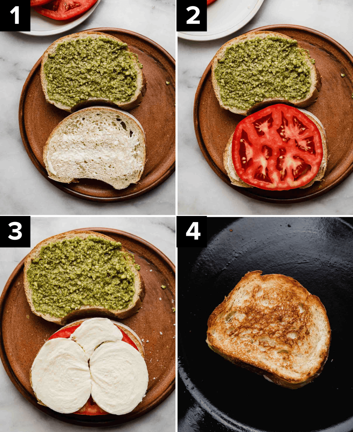 Four images showing how to make a Tomato Pesto Mozzarella Sandwich on a skillet or panini press.
