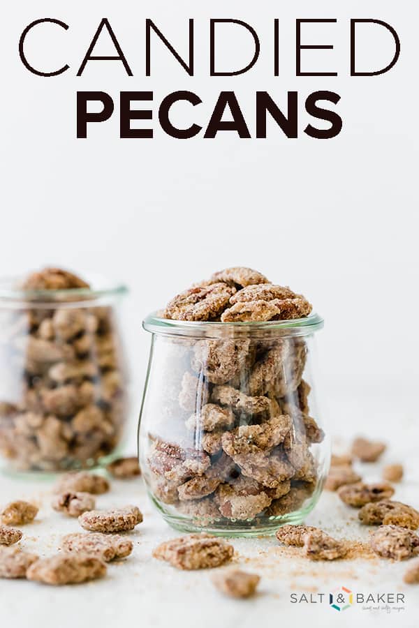 This candied pecan recipe is the perfect combination of sweet and crunchy, with a hint of cinnamon! You'll be amazed at how easy it is to make your own sugared pecans! Get the recipe at saltandbaker.com #saltandbaker #candiedpecans #sugaredpecans #cinnamonsugarpecans #pecans #saladtopping