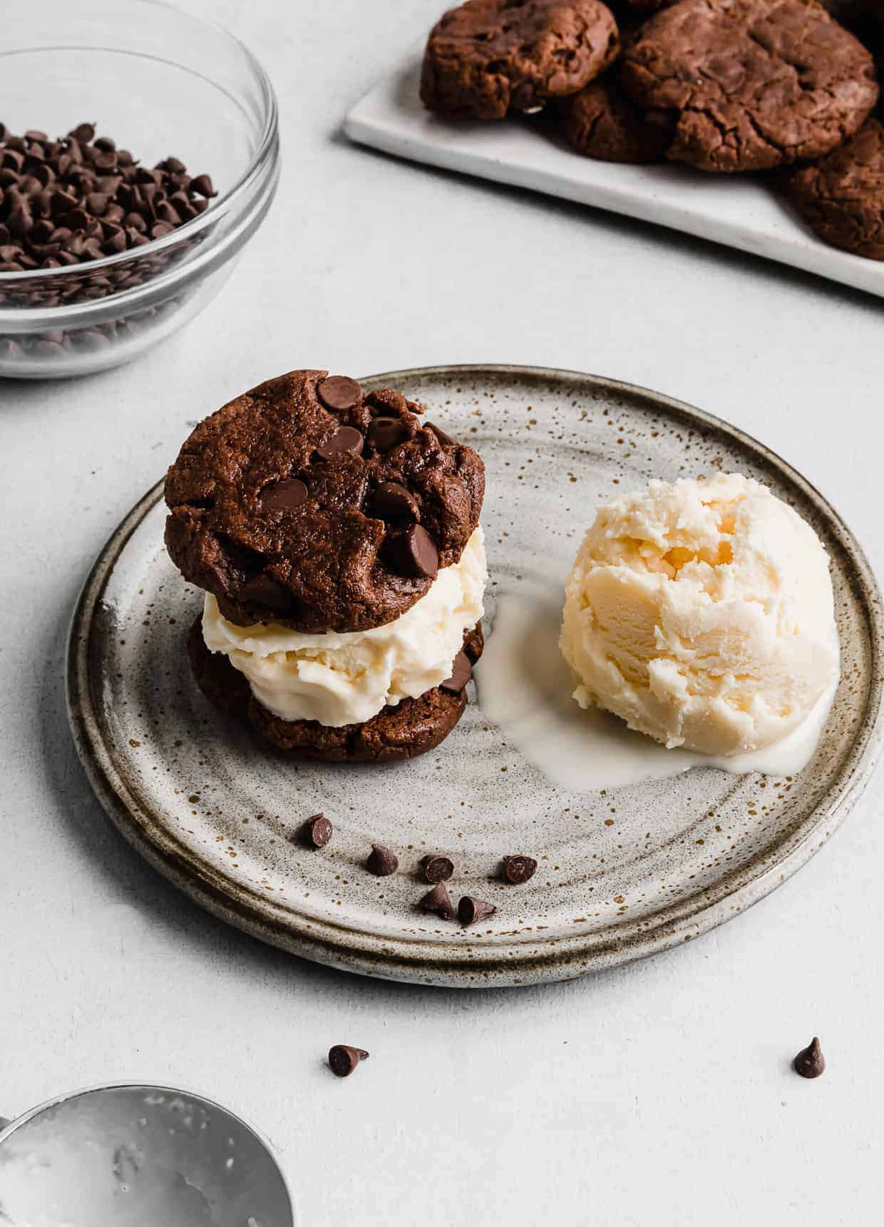 A chocolate cookie ice cream sandwich on a plate with a scoop of vanilla ice cream next to the cookie sandwich.
