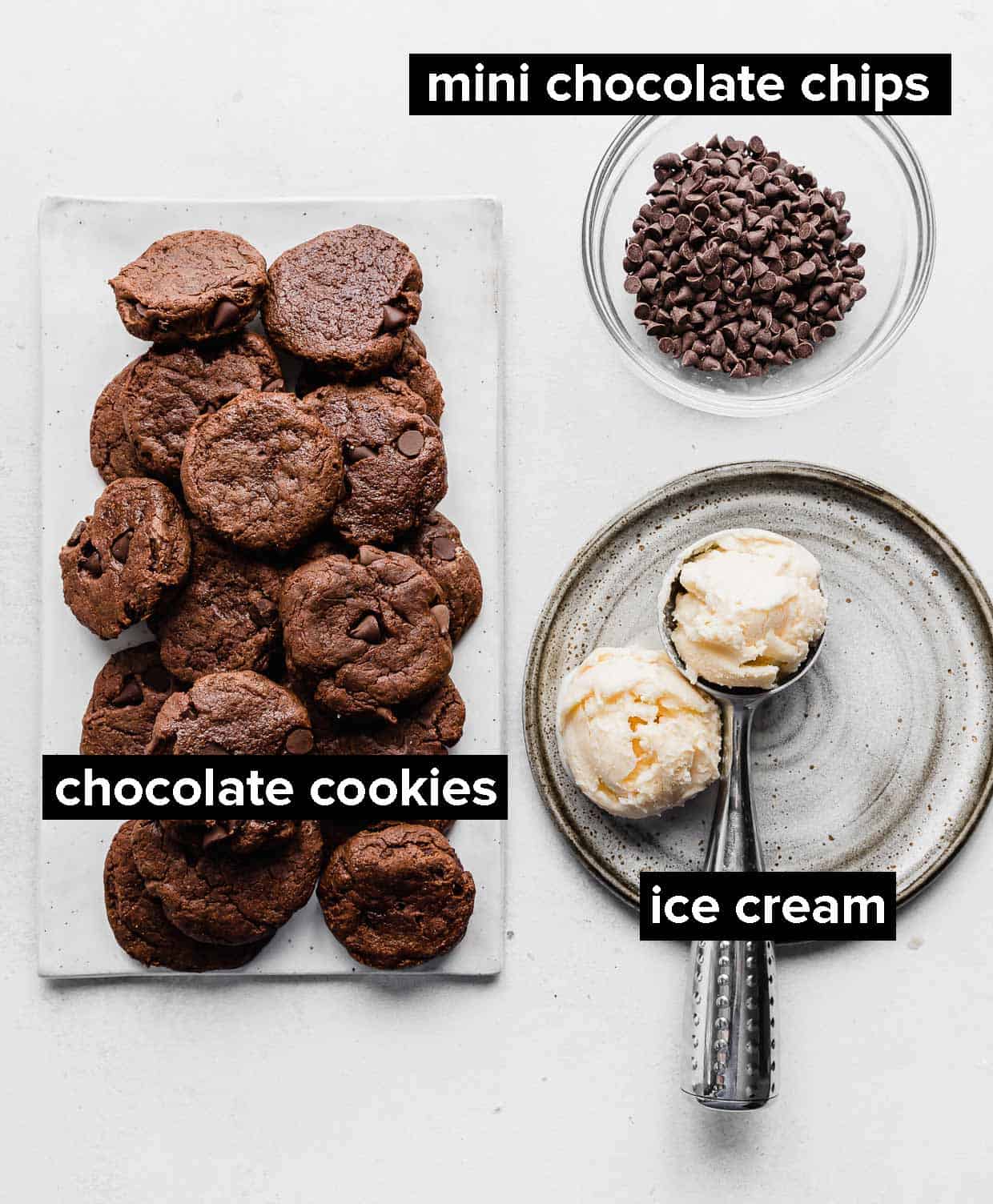 Ingredients used to make chocolate cookie ice cream sandwiches.