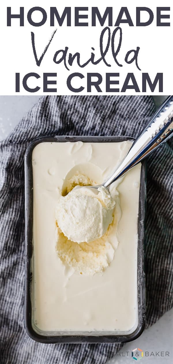 Delicious Homemade Creamy Vanilla Ice Cream recipe. This ice cream is custard based which makes it extra creamy! It's the perfect treat for those hot summer days. Get the full recipe at saltandbaker.com #saltandbaker #icecream #homemadeicecream #vanilla #vanillaicecream #frozendesserts