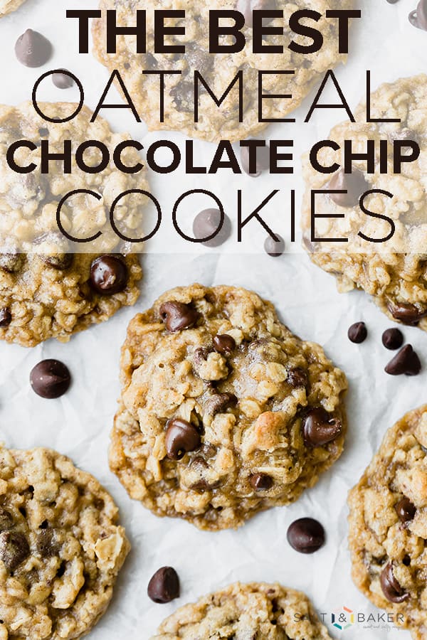 Soft and chewy Oatmeal Chocolate Chip Cookies! These cookies are studded with chocolate chips and loaded with oats! They're perfectly soft and full of amazing flavor! Be careful not to eat the entire batch!! Grab the full recipe at saltandbaker.com #saltandbaker #cookies #oatmealcookies #oatmealchocolatechip #chocolatechips #cookierecipe