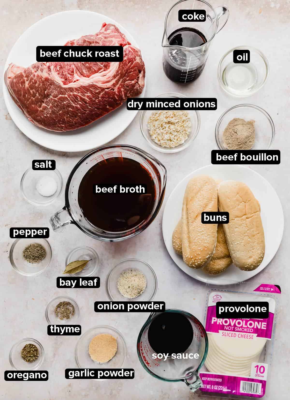 Ingredients used to make the easiest crock pot French dip sandwiches.