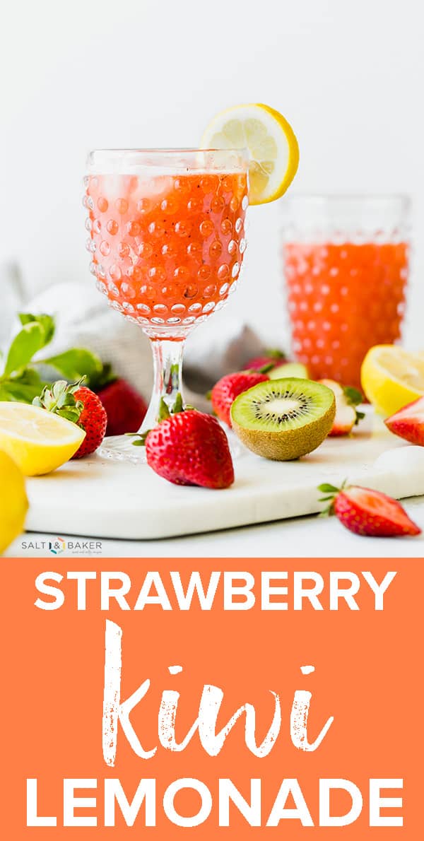 Quench your thirst with a fruit packed Strawberry Kiwi Lemonade! This cold beverage uses fresh lemons, kiwis, and strawberries. It's sweet, tart, and oh so refreshing! Grab the full recipe at saltandbaker.com #saltandbaker #homemadelemonade #strawberrykiwi #strawberrylemonade #freshlemonade