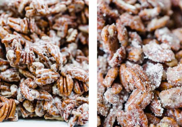 Two close up of photos of pecans, the left is covered in an egg white mixture, and the right photo shows pecans covered in the sugar coating mixture.