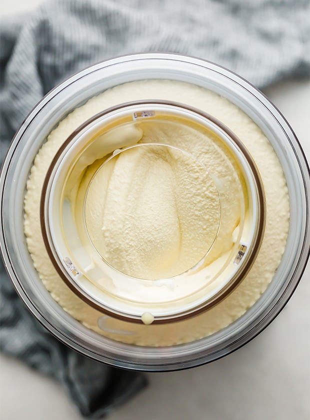 Homemade Vanilla Ice Cream being churned in an ice cream machine.