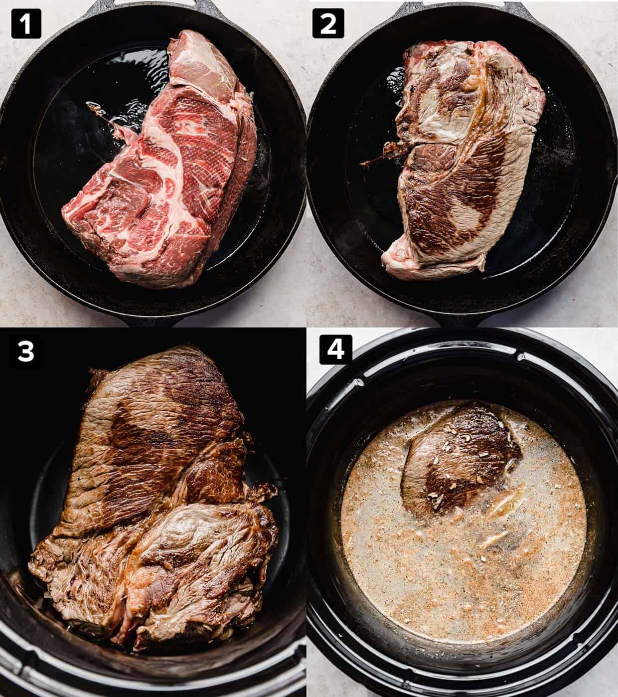 A four photo collage of how to make Slow Cooker French Dip Sandwiches starting with searing meat and placing it in the slow cooker.